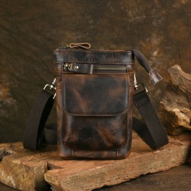 Genuine Leather Men's Waist Bag - Anti-Theft 7-Inch Phone Crossbody Bag with Adjustable Strap, Large Capacity & Hook Closure, Casual Outdoor Sports & Daily Commute Bag for Men, Leather Crossbody Bag, Vintage Leather Look, Secure Zipper Closure